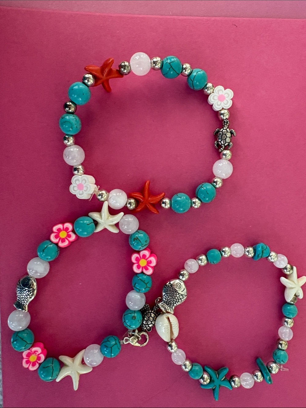 Set of 3 Turquoise & Pink Beach Charm Stretch Bracelet Set - Brand